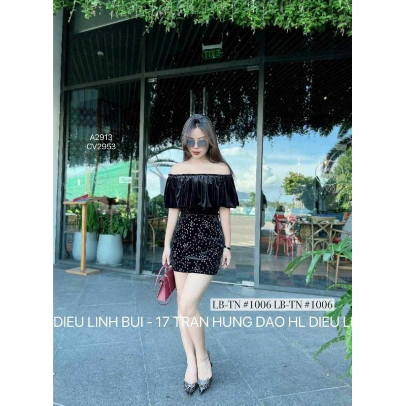 Chân váy nhung hoa hàng QC