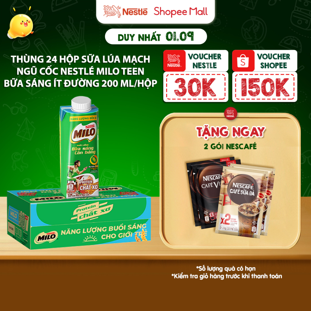 Thùng 24 hộp sữa lúa mạch ngũ cốc Nestlé MILO teen bữa sáng ít đường 200 ml/hộp