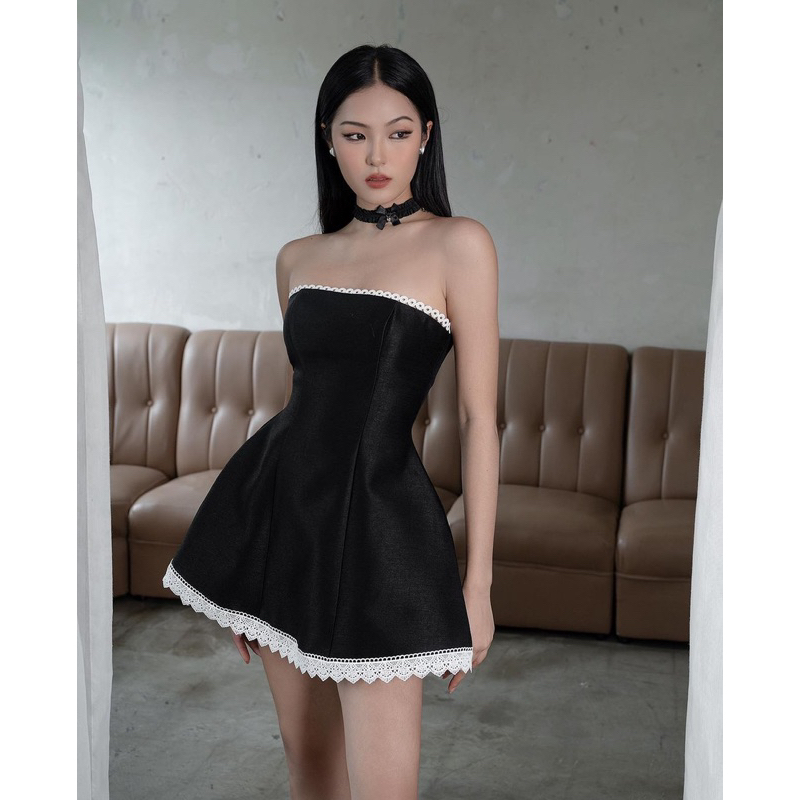 Đầm quây taffta viền ren