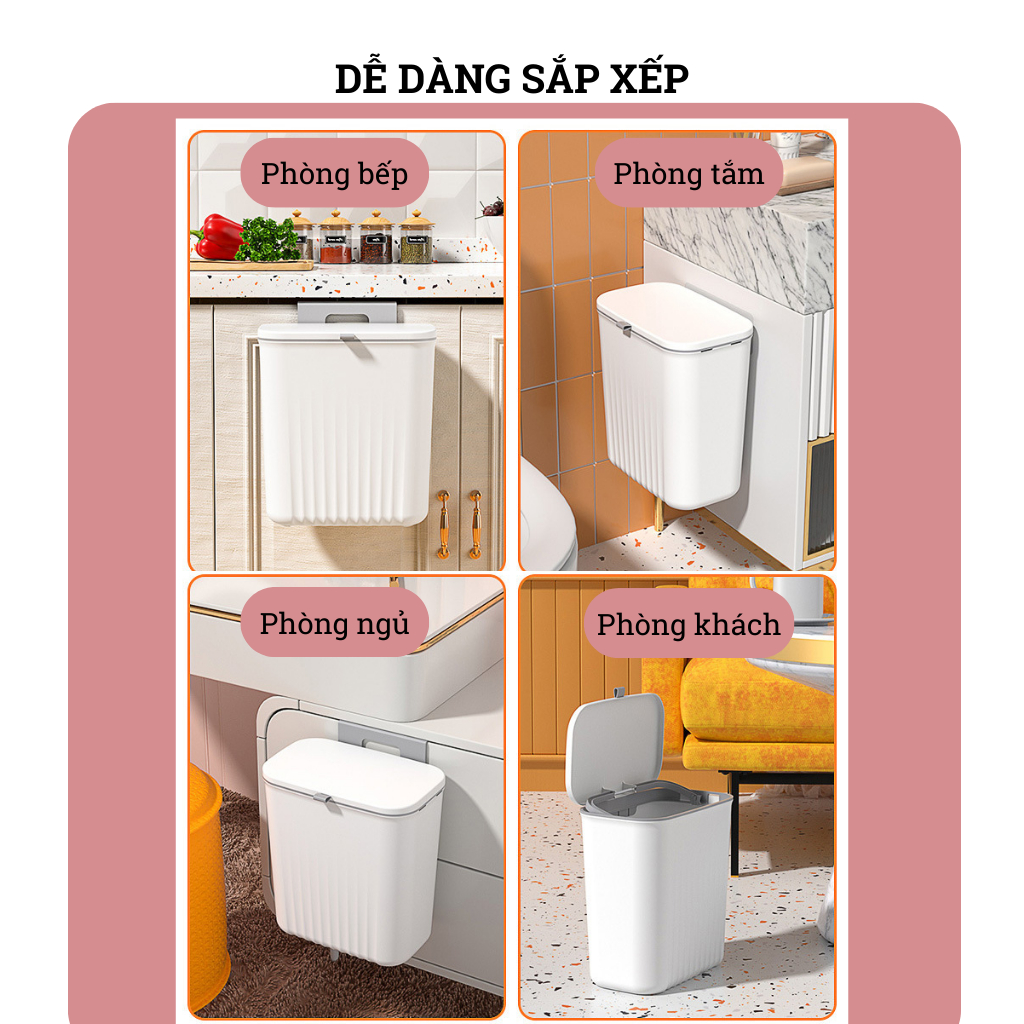 Thùng rác có nắp treo tủ bếp 9L không cần khoan thông minh, thùng rác treo tường kèm nắp đậy tiện lợi