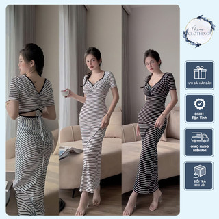 [ Freesize 40-55kg ] Đầm Body Kẻ Dáng Dài Hở Lưng , dây rút sau lưng tạo điểm nhấn - chất thun gân