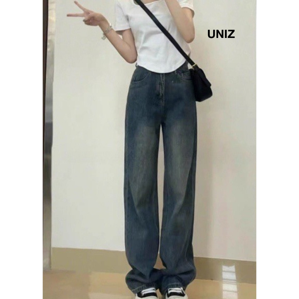 ( Ảnh thật ) Quần jeans nữ UNIZ ống rộng cạp cao dáng suông dài QuanjeanQ900/P0K43