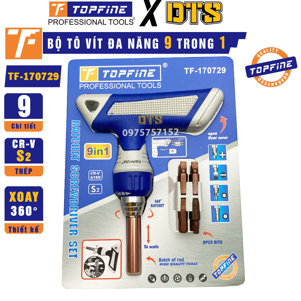 Bộ tua vít tay cầm chữ T trợ lực TOP FINE 9in1 | Bộ tô vít đa năng đảo chiều điều chỉnh độ dài thép S2 sửa chữa nhà cửa