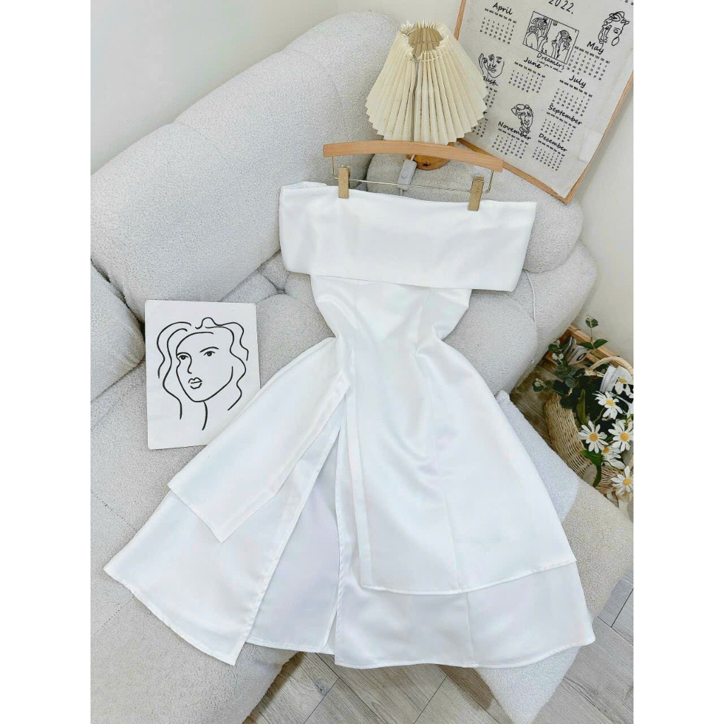 Đầm trễ vai xòe 2 tầng xẻ đùi