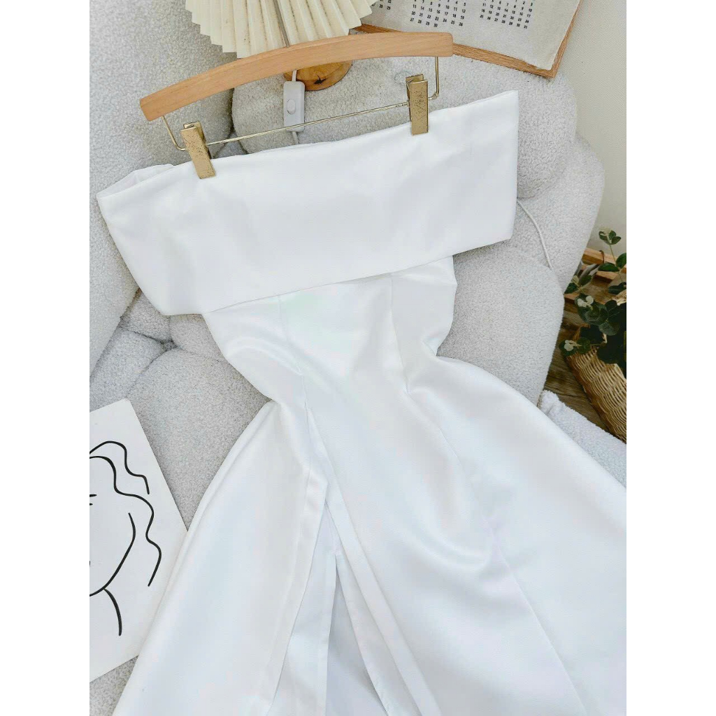 Đầm trễ vai xòe 2 tầng xẻ đùi