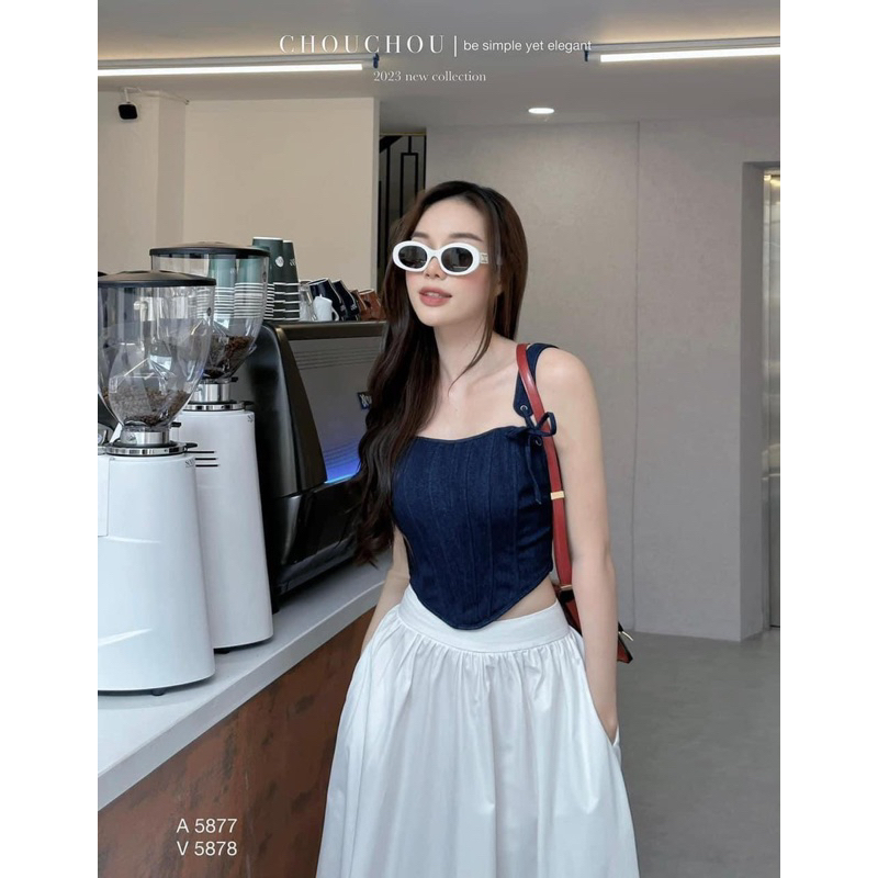 Áo hai dây jean cột nơ , Áo bra jean xương cá vạt chéo V cut🛵🛵🛵