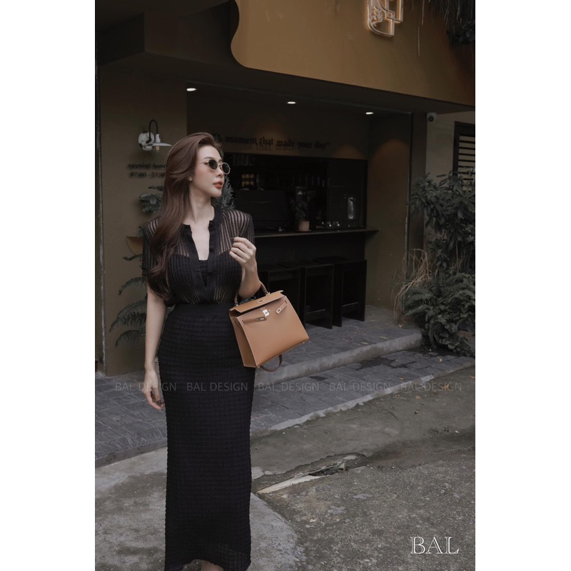 Set  3 món Áo khoác đan lên tay hến, áo bra, chân váy maxi len