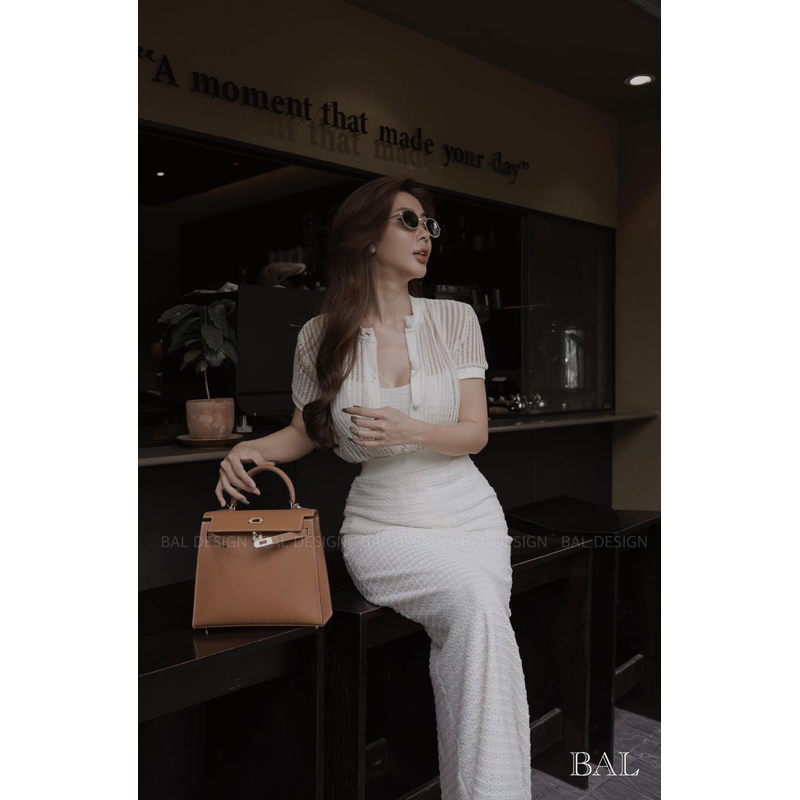 Set  3 món Áo khoác đan lên tay hến, áo bra, chân váy maxi len