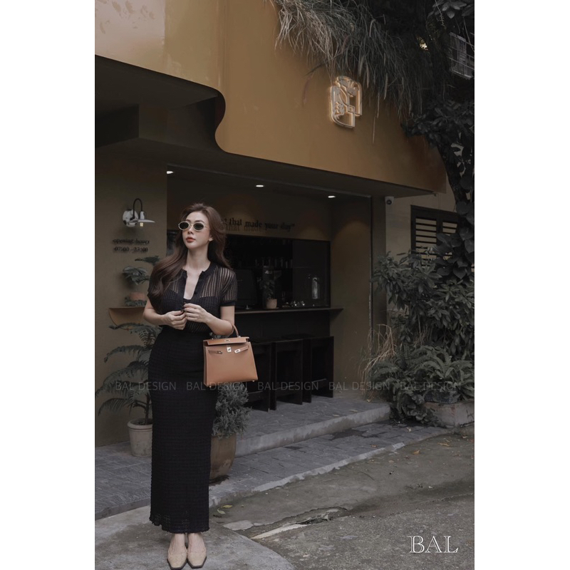 Set  3 món Áo khoác đan lên tay hến, áo bra, chân váy maxi len