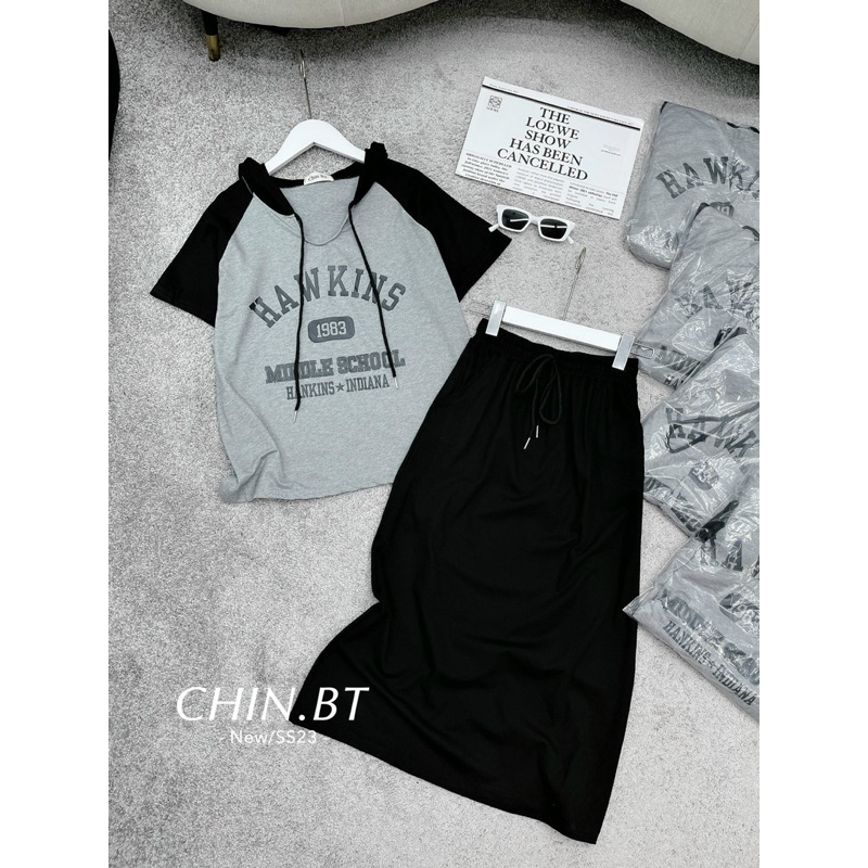 Set Váy Nỉ Màu Ghi Chân Váy Dài