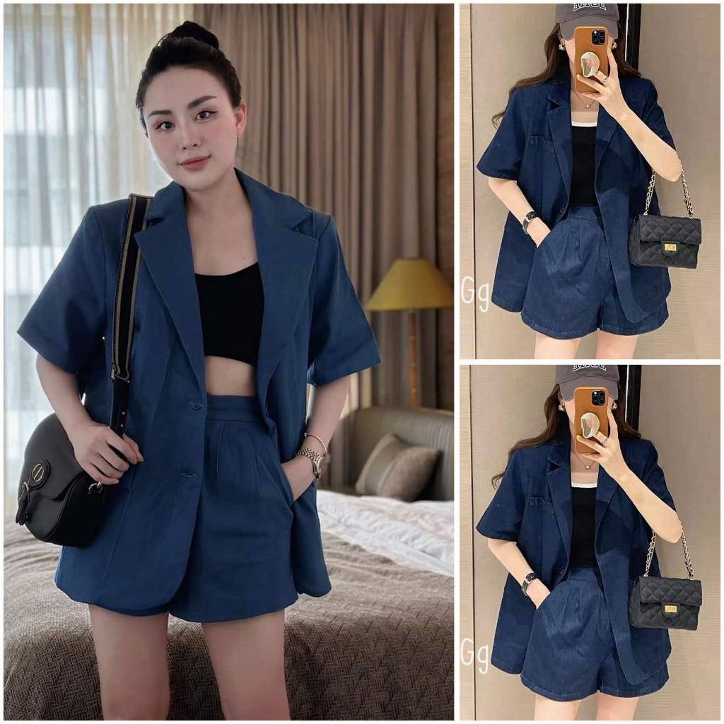 Set jean 3 món áo hai dây borip mix áo khoác vest tay ngắn kèm quần sooc trẻ trung, năng động diện đi chơi, du lịch