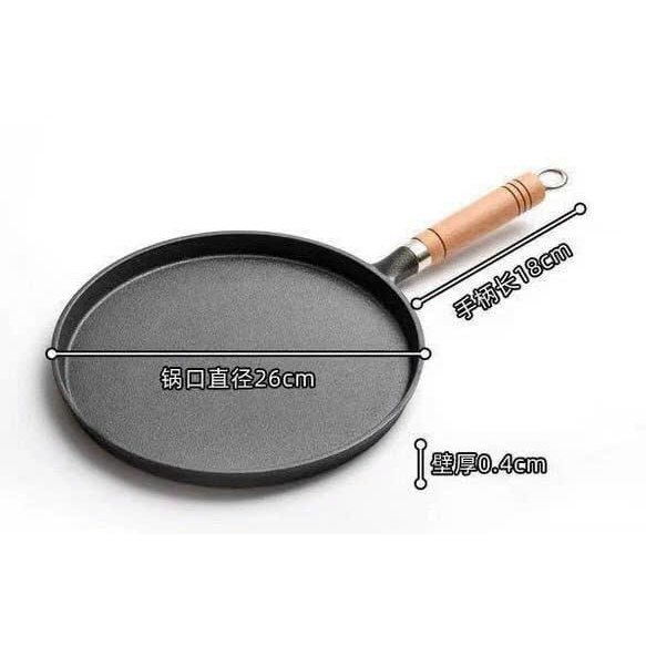 Chảo Gang Đáy Phẳng 26cm Chống Dính Cán Gỗ, Chảo Chiên  Các Loại Bánh, Ốp Trứng