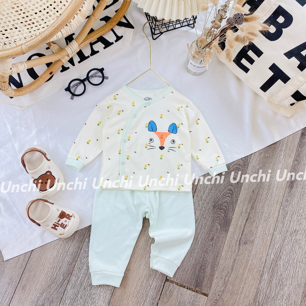 Bộ dài tay Unchi cúc cài lệch cho bé sơ sinh vải cotton nỉ thu đông mềm mại co giãn bé trai bé gái 0-9 tháng