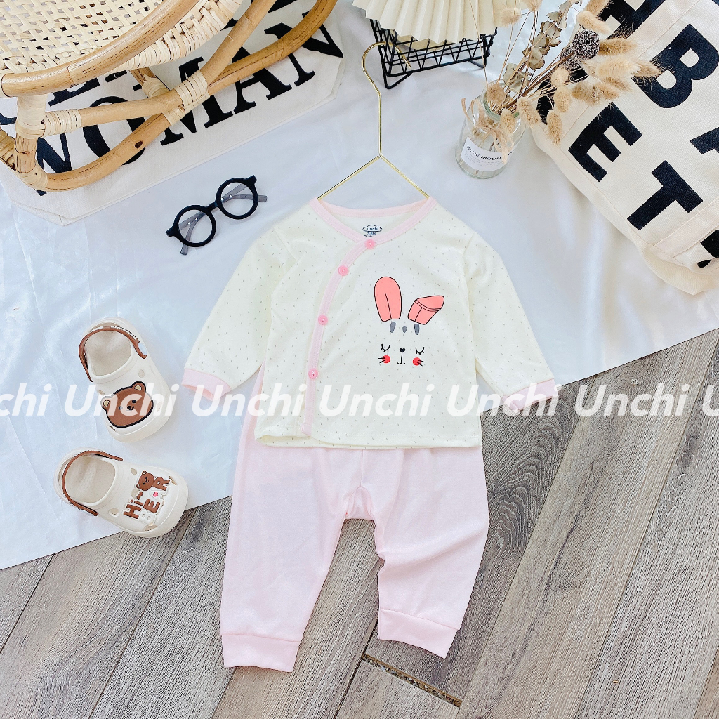 Bộ dài tay Unchi cúc cài lệch cho bé sơ sinh vải cotton nỉ thu đông mềm mại co giãn bé trai bé gái 0-9 tháng
