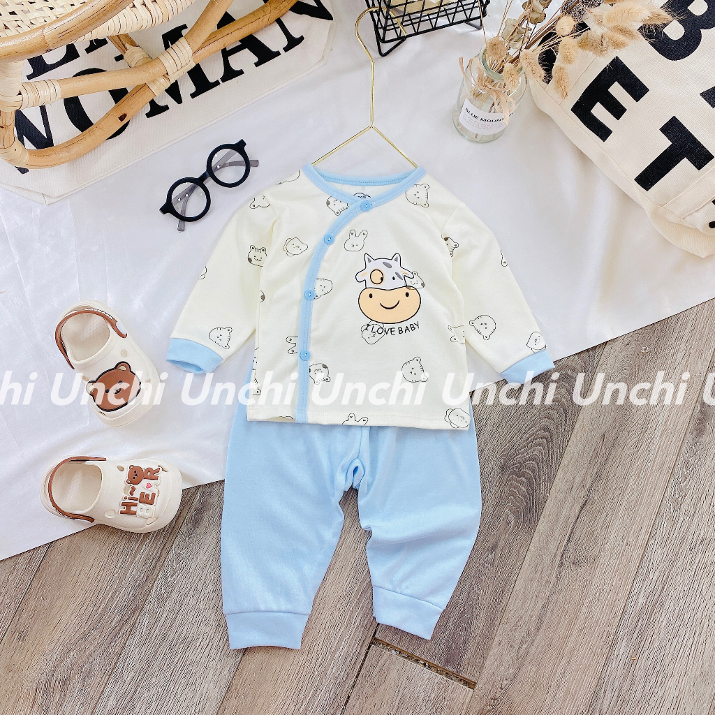 Bộ dài tay Unchi cúc cài lệch cho bé sơ sinh vải cotton nỉ thu đông mềm mại co giãn bé trai bé gái 0-9 tháng