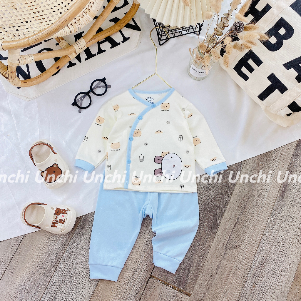 Bộ dài tay Unchi cúc cài lệch cho bé sơ sinh vải cotton nỉ thu đông mềm mại co giãn bé trai bé gái 0-9 tháng