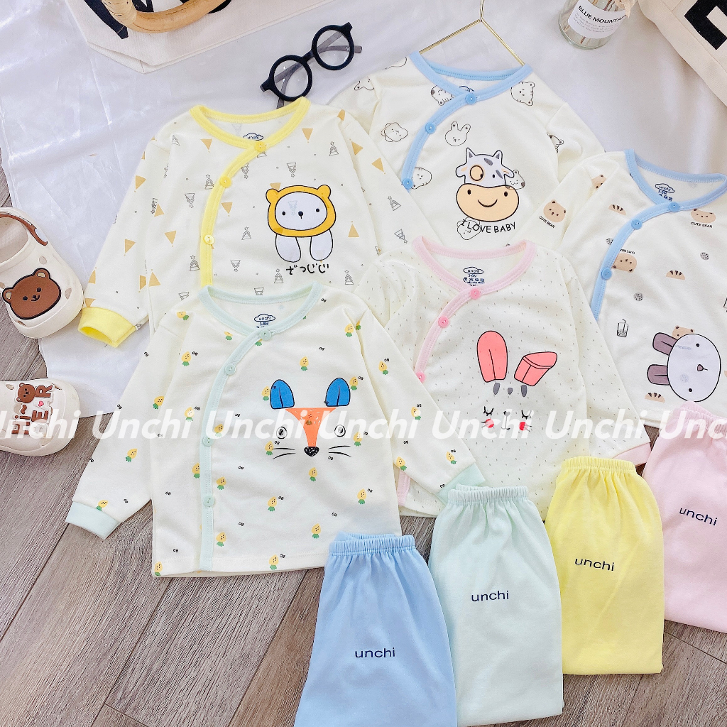 Bộ dài tay Unchi cúc cài lệch cho bé sơ sinh vải cotton nỉ thu đông mềm mại co giãn bé trai bé gái 0-9 tháng