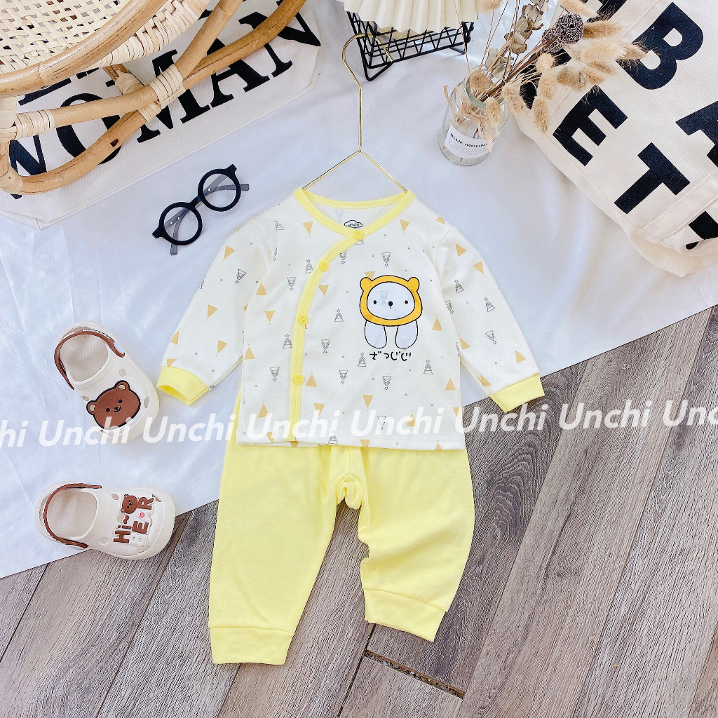Bộ dài tay Unchi cúc cài lệch cho bé sơ sinh vải cotton nỉ thu đông mềm mại co giãn bé trai bé gái 0-9 tháng