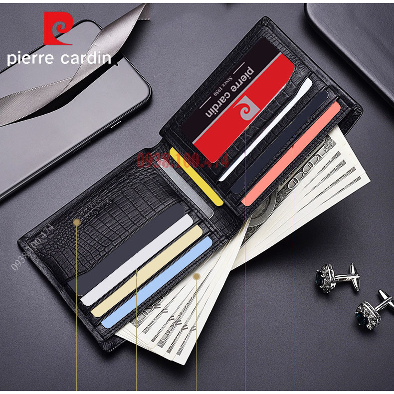 Ví Pierre Cardin nam chính hãng da bò thật dập vân cá sấu ví ngang PCJ2036