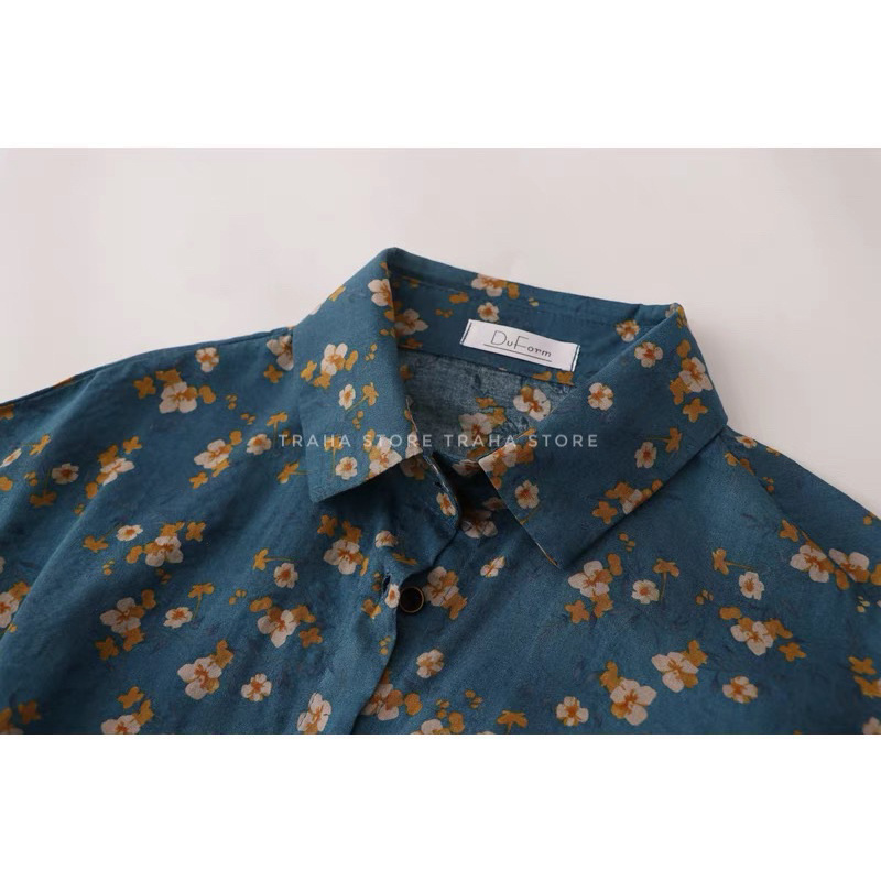 SẴN Áo sơ mi xanh hoạ tiết vintage form vừa 2023