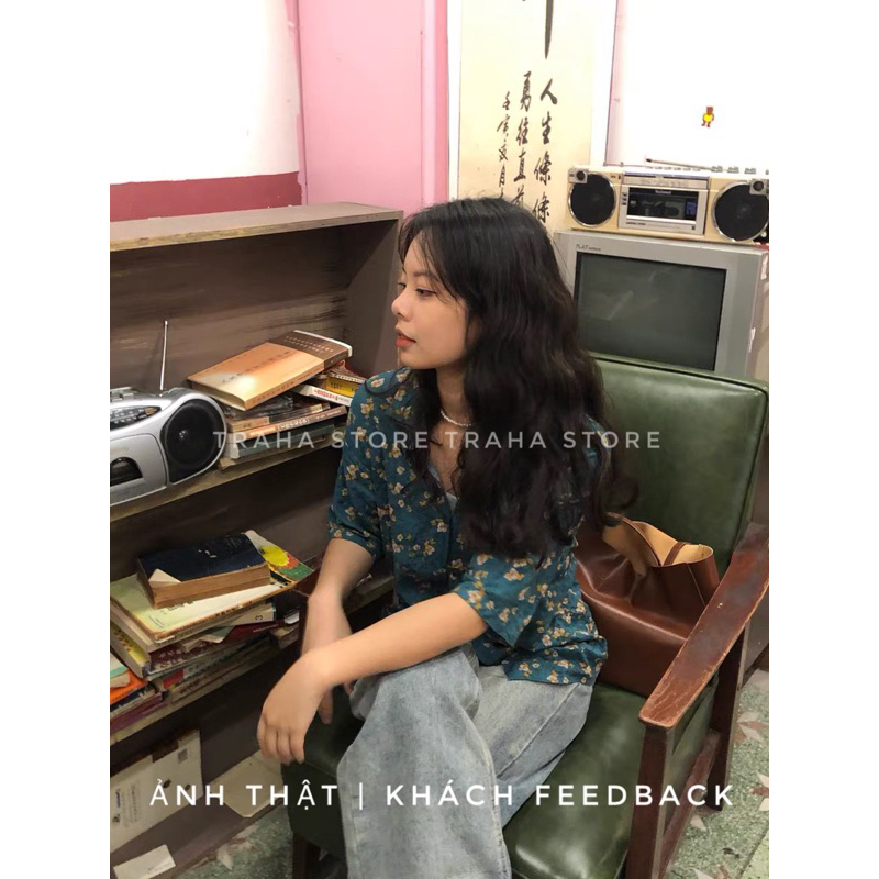 SẴN Áo sơ mi xanh hoạ tiết vintage form vừa 2023