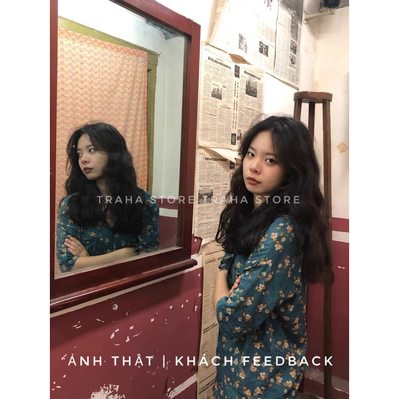 SẴN Áo sơ mi xanh hoạ tiết vintage form vừa 2023