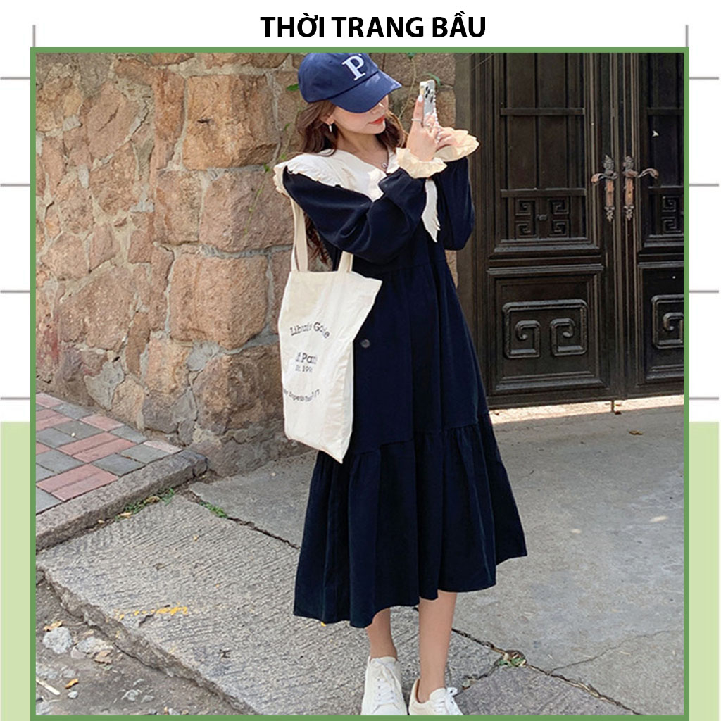ĐẦM BẦU CÔNG SỞ MÙA THU-ĐẦM BẦU THIẾT KẾ BABAYDOL CỔ LÁ TAY VIỀN BÈO CỰC SANG VÁY BẦU XINH FRESIZE GIÁ RẺ CHO MẸ