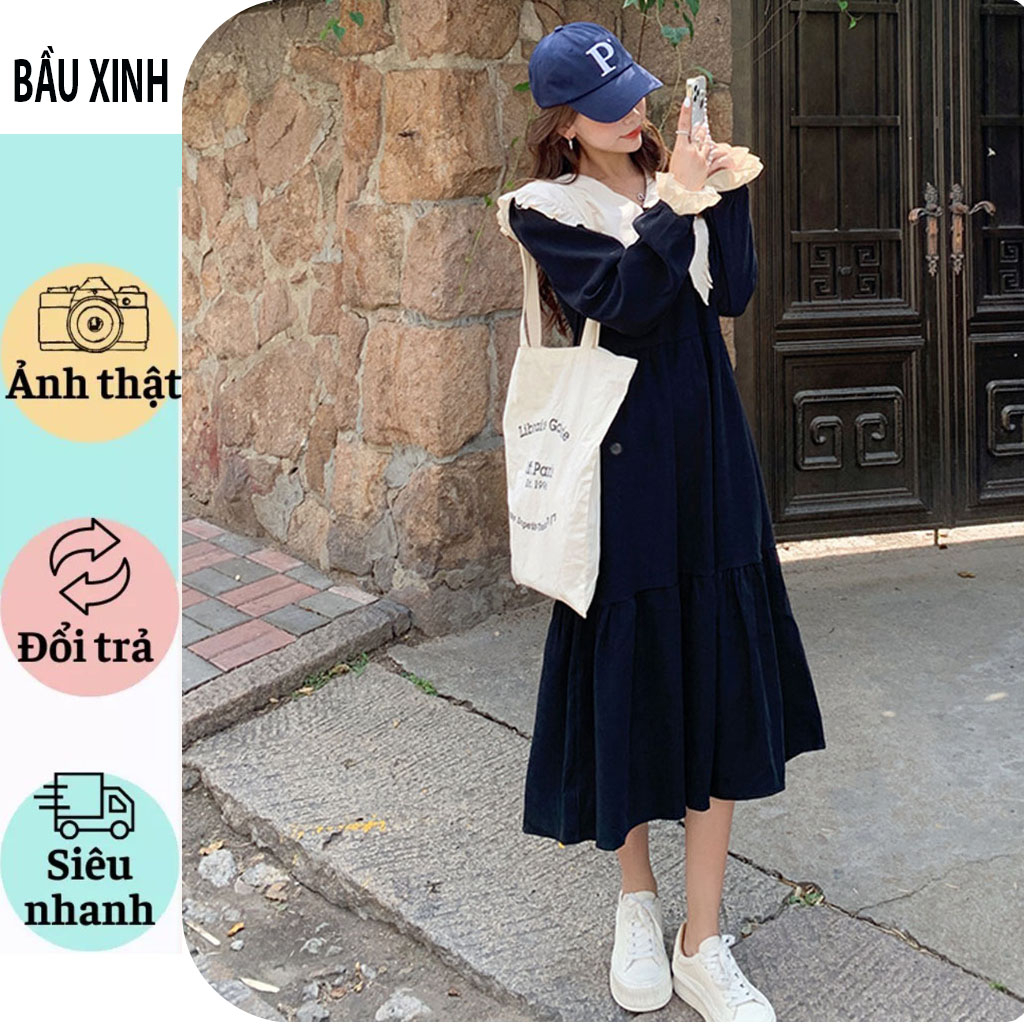 VÁY ĐẦM BẦU BABY DOLL TIỂU THƯ SANG CHẢNH-ĐẦM BẦU CÔNG SỞ THIẾT KẾ CỔ SEN DÀI TAY VIỀN BÈO FRESIZE CHO MẸ BẦU