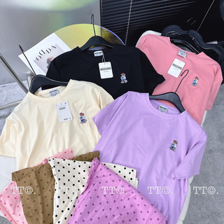 Set bộ áo cotton tàu thêu gấu phối quần chấm bi