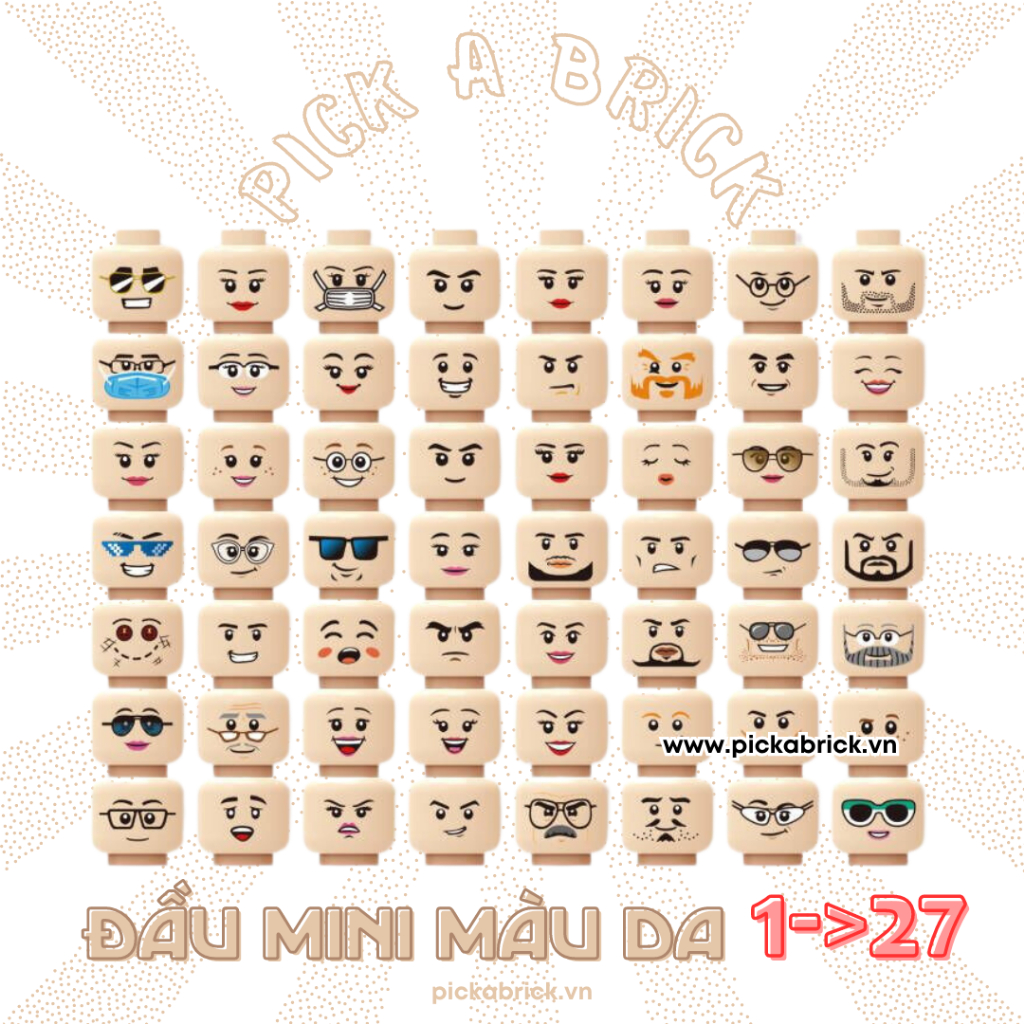 Mặt Minifigures 1->27 Lẻ 01 đầu mini biểu cảm nhân vật - Đồ chơi lắp ráp mô hình phụ kiện Minifigures Head