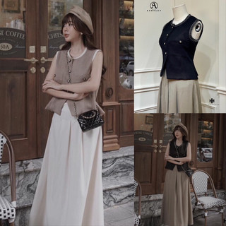 Set 𝐀𝐒𝐇𝐘𝐋𝐄𝐘 áo sát nách đính cúc đồng kèm chân váy