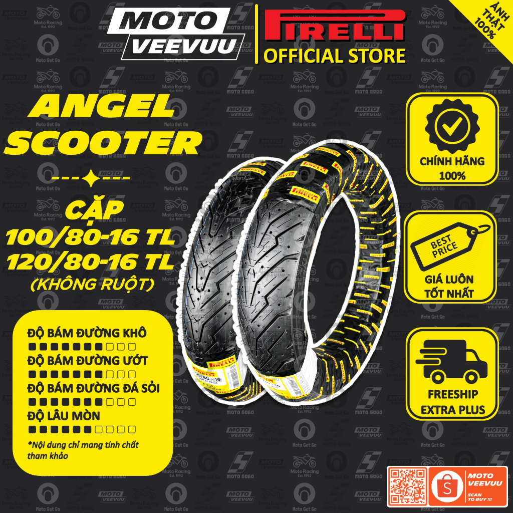 CẶP VỎ LỐP xe máy PIRELLI 100/80-16 & 120/80-16 TL Angel Scooter SH 125 150 350 Ý Shark