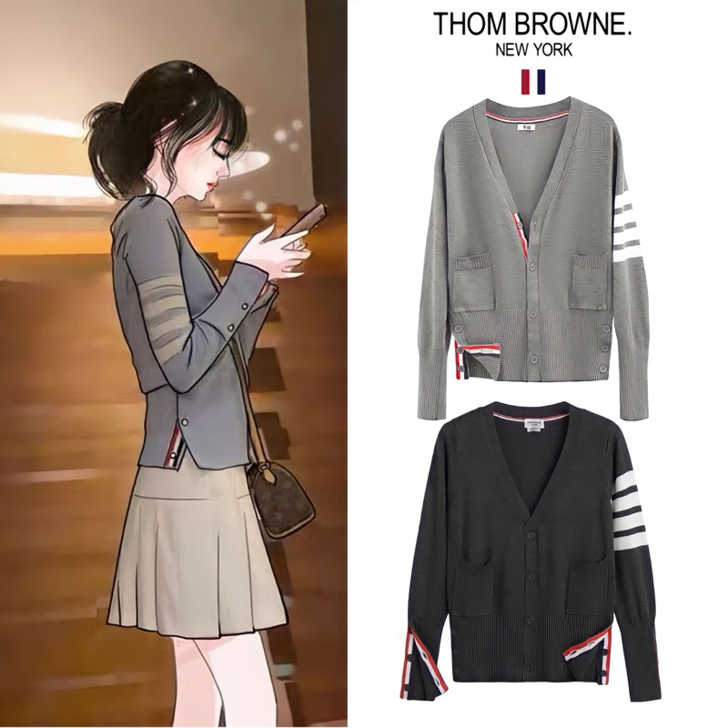 Áo khoác cardigan nam nữ phối sọc đính nút kèm logo sọc thom brow chất montegi nhẹ form siêu đẹp full tag mác