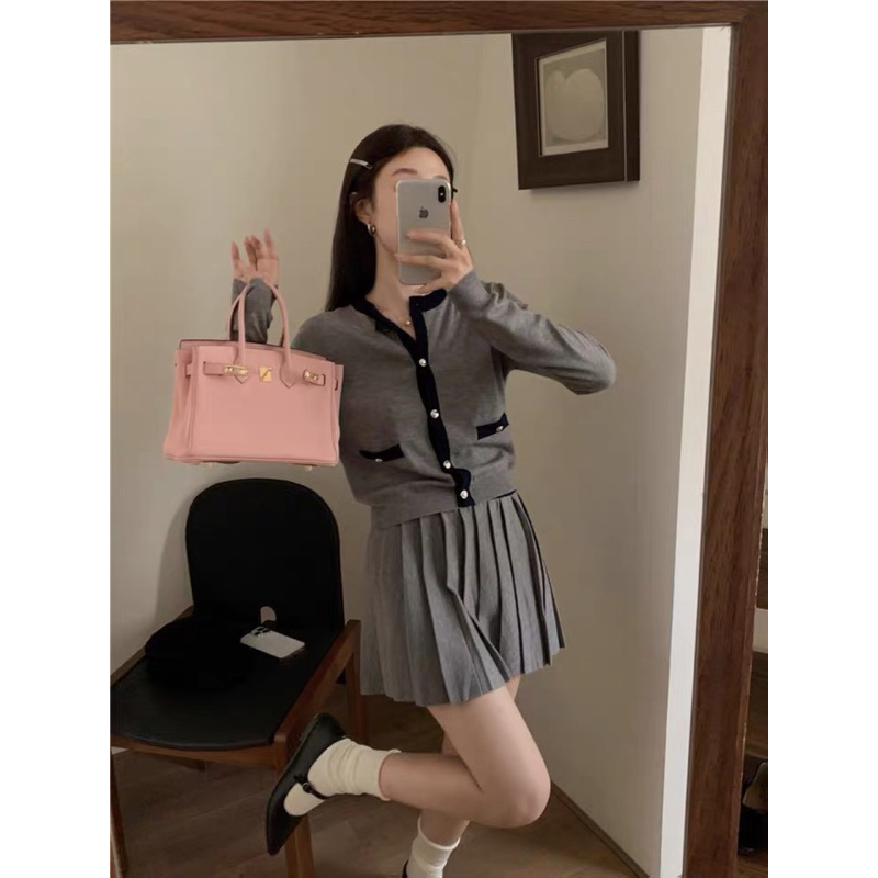 |CANDIEN SET| Set áo cardigan len chân váy xếp ly len tiểu thư