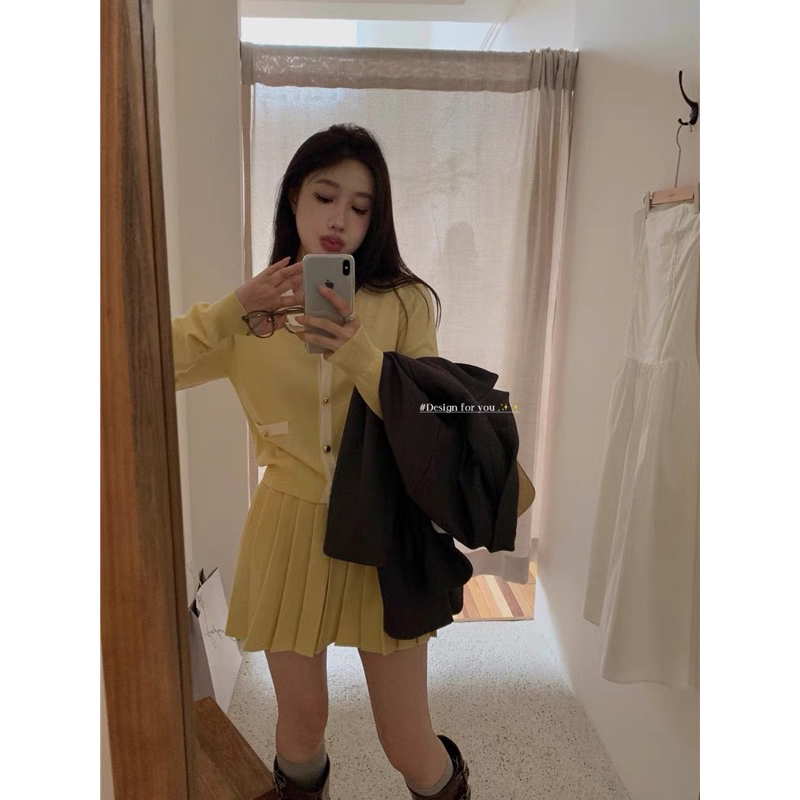 |CANDIEN SET| Set áo cardigan len chân váy xếp ly len tiểu thư