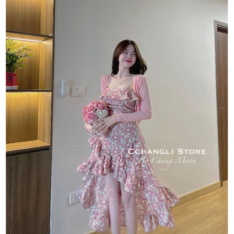 Sét Váy Hoa Bèo Tầng Đuôi Cá Kèm Áo Khoác Cardigan Size S M-Halinh Shop-Sét Váy Hoa Nhí Bèo Đuôi Cá Diện Thu Có Đệm Ngực