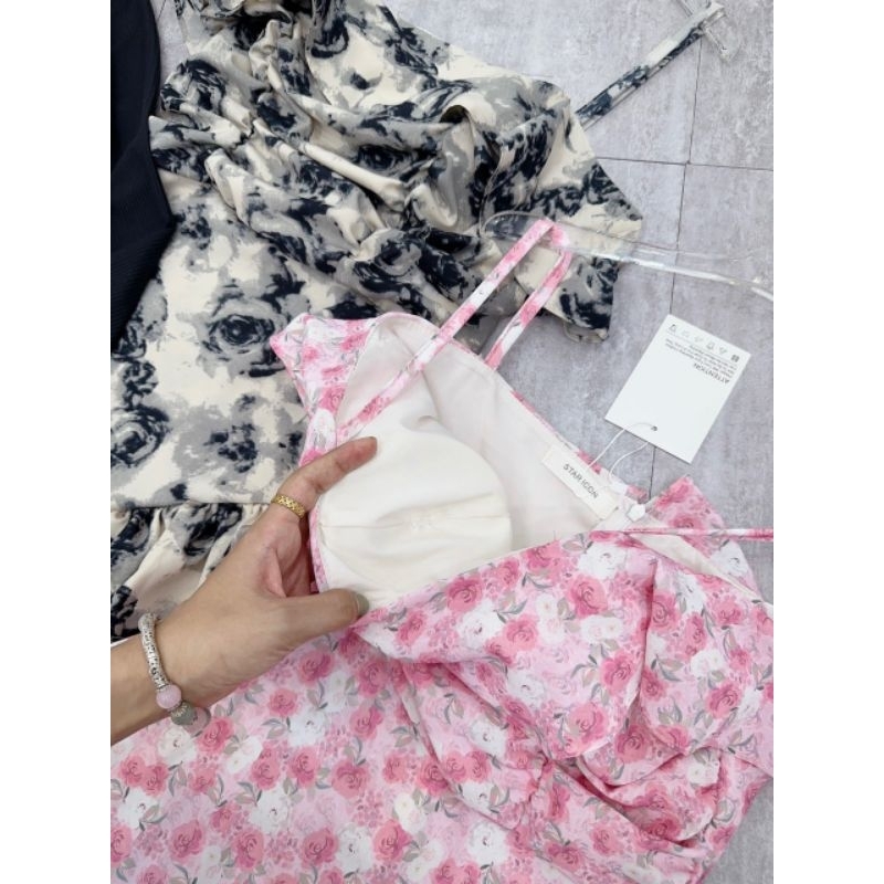 Sét Váy Hoa Bèo Tầng Đuôi Cá Kèm Áo Khoác Cardigan Size S M-Halinh Shop-Sét Váy Hoa Nhí Bèo Đuôi Cá Diện Thu Có Đệm Ngực