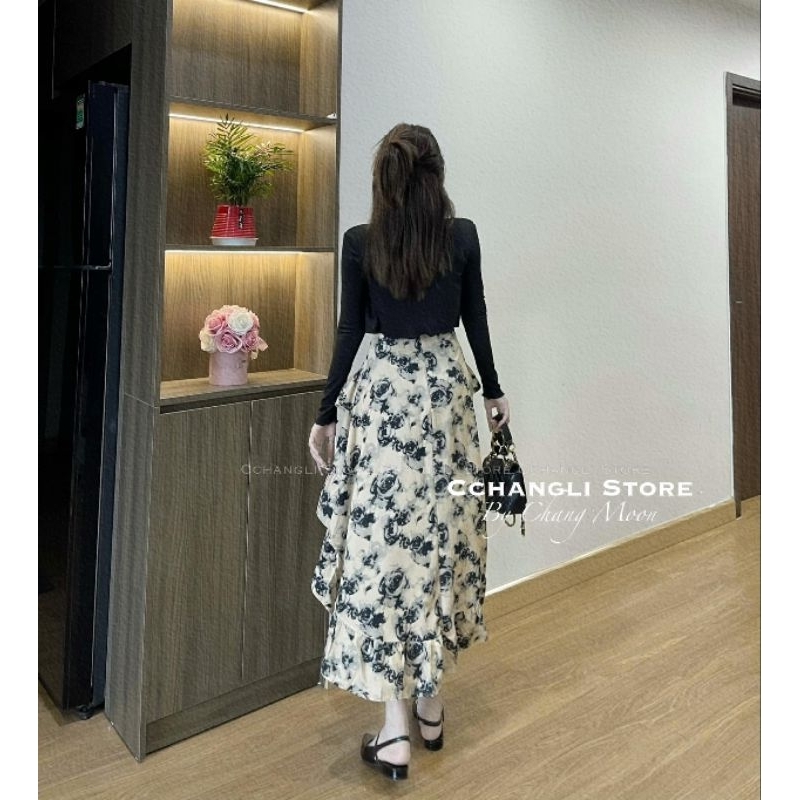 Sét Váy Hoa Bèo Tầng Đuôi Cá Kèm Áo Khoác Cardigan Size S M-Halinh Shop-Sét Váy Hoa Nhí Bèo Đuôi Cá Diện Thu Có Đệm Ngực