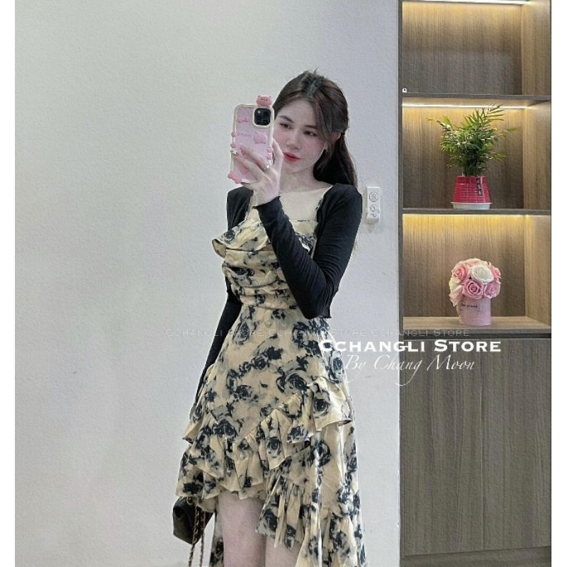 Sét Váy Hoa Bèo Tầng Đuôi Cá Kèm Áo Khoác Cardigan Size S M-Halinh Shop-Sét Váy Hoa Nhí Bèo Đuôi Cá Diện Thu Có Đệm Ngực