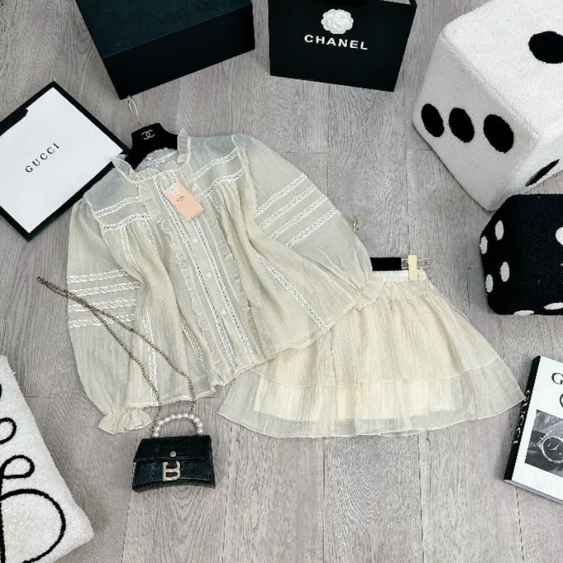Sét Váy Đầm Nữ Tơ Xước Ren Be Tay Phồng Mix Chân Váy Tầng Size S M - Halinh Shop - Sét Váy Nữ Đũi Ren Hàng Quảng Châu L1