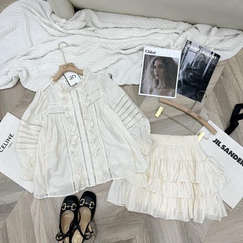 Sét Váy Đầm Nữ Tơ Xước Ren Be Tay Phồng Mix Chân Váy Tầng Size S M - Halinh Shop - Sét Váy Nữ Đũi Ren Hàng Quảng Châu L1