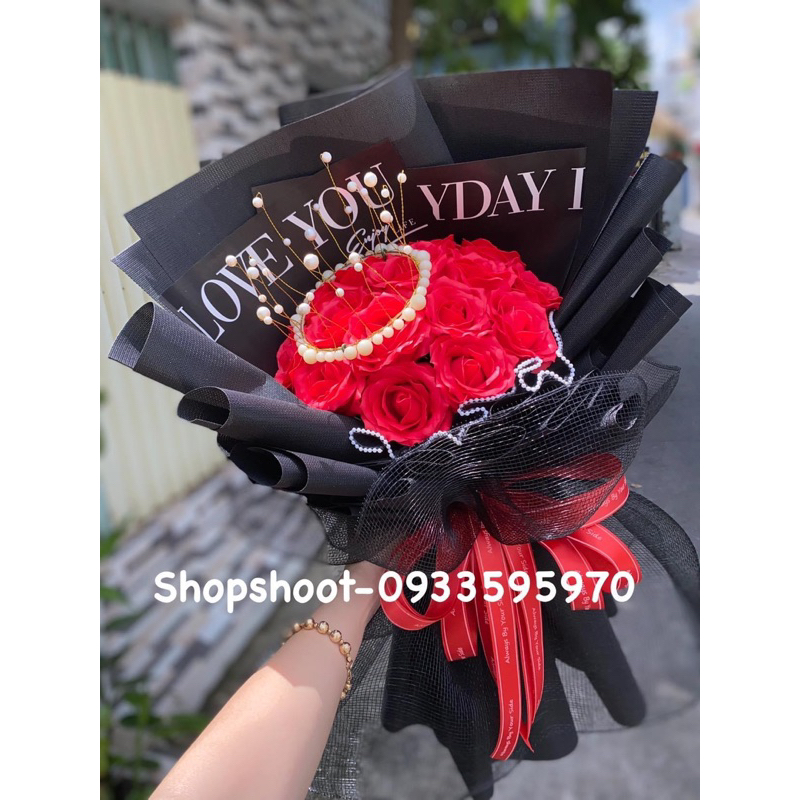 Bó hoa hồng nhũ kim tuyến 15 bông- hoa sáp 15 bông