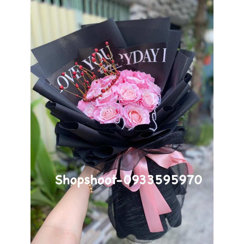 Bó hoa hồng nhũ kim tuyến 15 bông- hoa sáp 15 bông