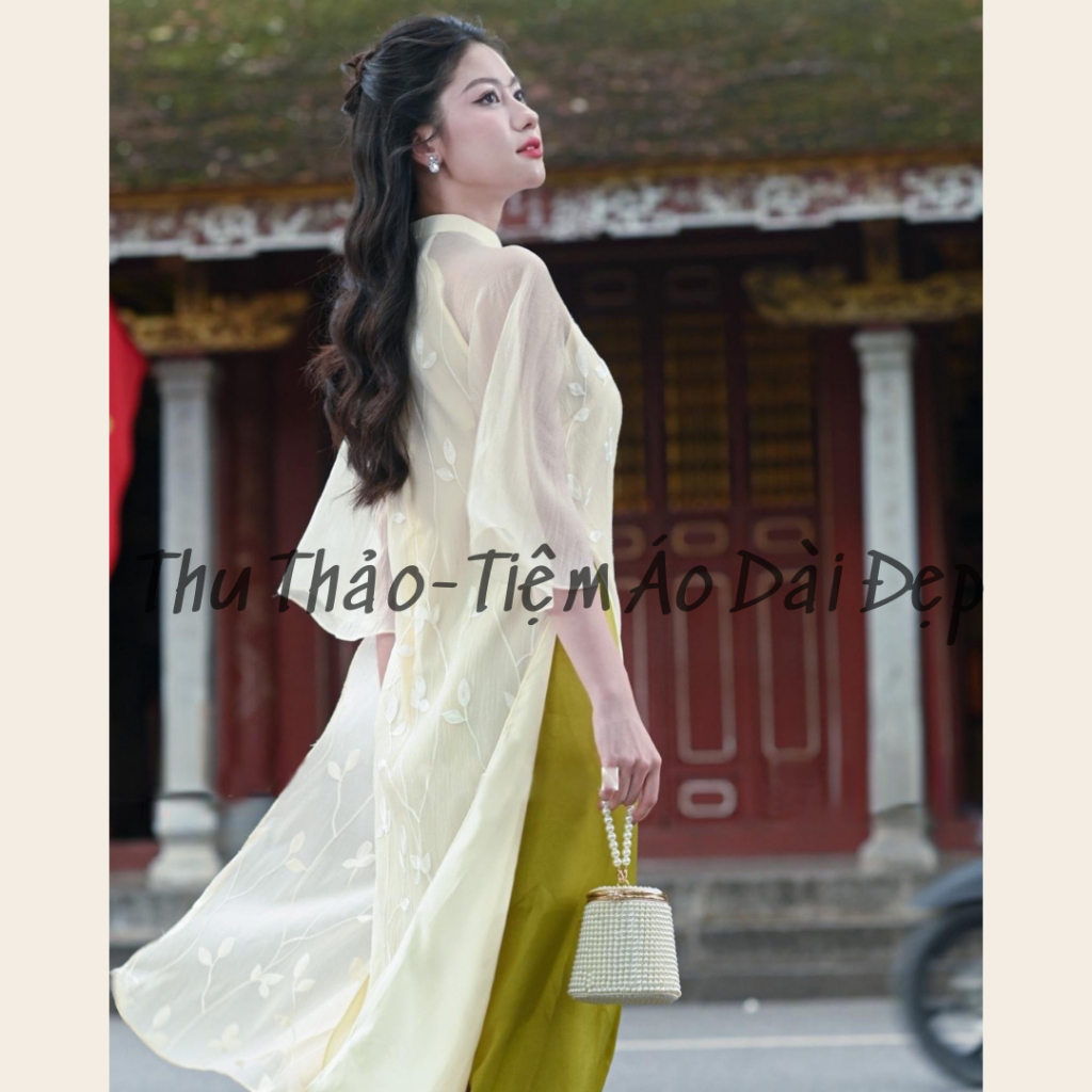 Áo Dài Xuông An Vy Tay Loe Lỡ Cao Cấp ,Áo Dài Cách Tân 4 Tà Suông Thêu Trẻ Trung Tôn Dáng