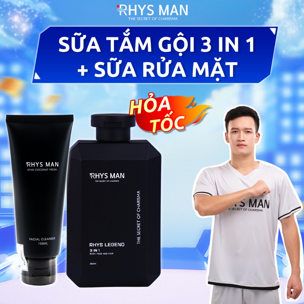 2 Chai Lẻ - Sữa tắm gội nam Rhys Legend 3in1 350ml & Sữa rửa mặt nam Rhys Coconut Fresh 100ml