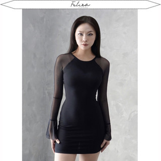Đầm ôm body cổ tròn tay loe chất thun lụa trơn phối thun lưới co giãn tốt-Feliza clothing