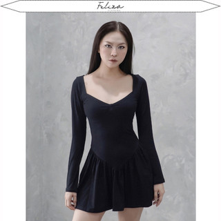 Đầm cúp ngực tay dài tùng phồng chất thun lụa trơn co giãn tốt dày dăn-Feliza clothing