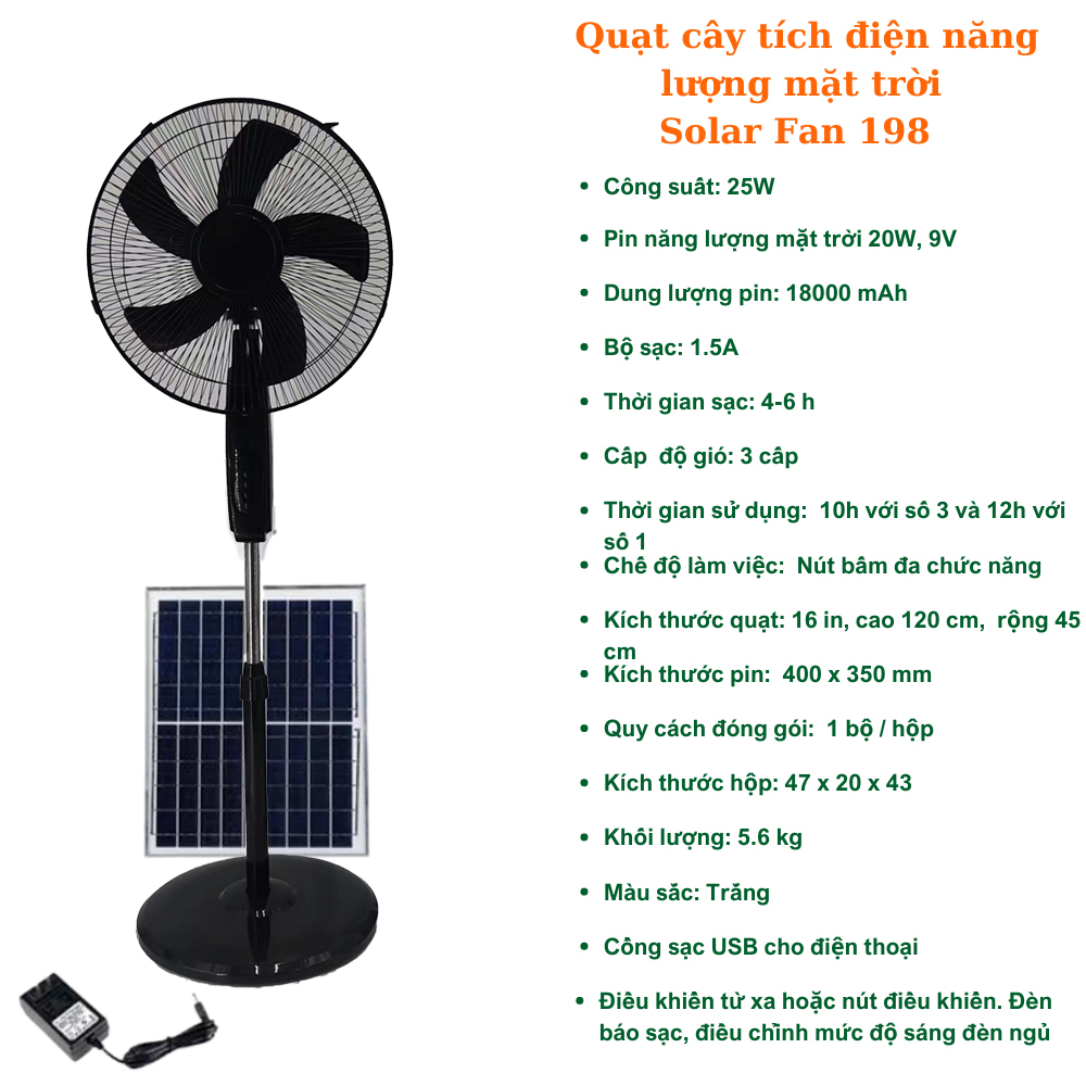 Quạt Tích Điện Năng Lượng Mặt Trời Tích Điện Solar Fan, Dung lượng pin: 18000MAH, sử dụng: 10-12h, Có Ắc Quy Tích Điện