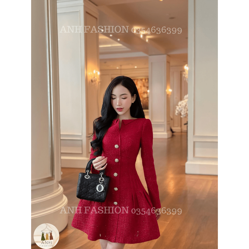 Váy dạ tweed   đầm dạ tweed tay dài | đầm dạ cao cấp ly eo khuy đá cao cấp ANH FASHION
