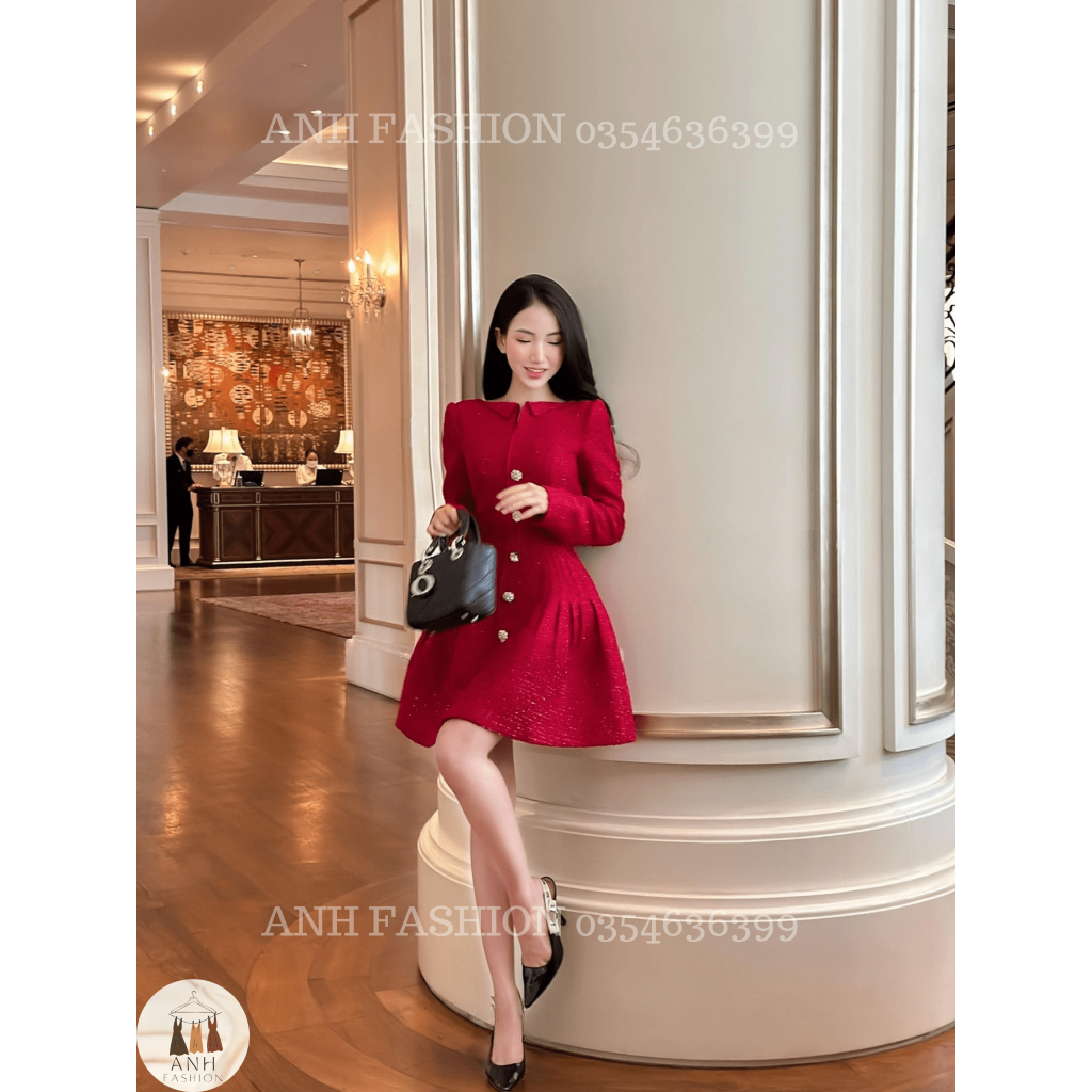 Váy dạ tweed   đầm dạ tweed tay dài | đầm dạ cao cấp ly eo khuy đá cao cấp ANH FASHION